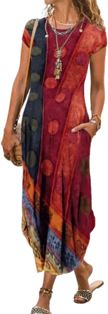 Women Summer Casual Maxi Dress Floral Printed Loose Pockets Short Sleeve Split Boho Dresses