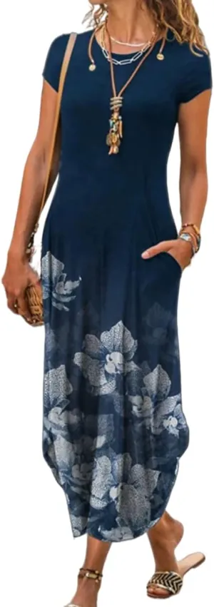 Women Summer Casual Maxi Dress Floral Printed Loose Pockets Short Sleeve Split Boho Dresses