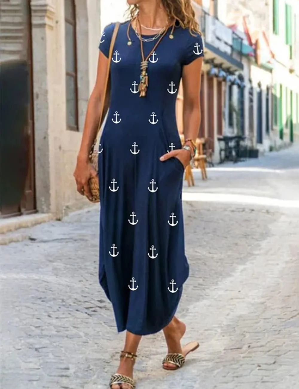 Women Summer Casual Maxi Dress Floral Printed Loose Pockets Short Sleeve Split Boho Dresses