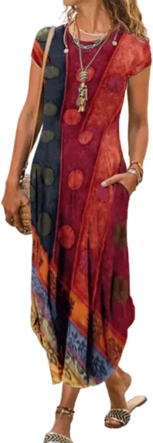Women Summer Casual Maxi Dress Floral Printed Loose Pockets Short Sleeve Split Boho Dresses