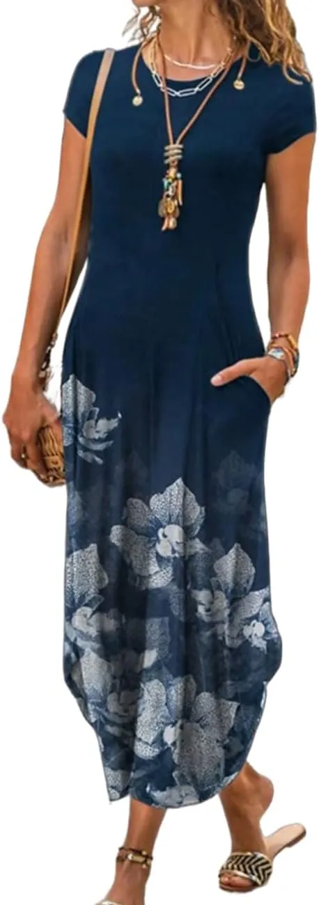 Women Summer Casual Maxi Dress Floral Printed Loose Pockets Short Sleeve Split Boho Dresses