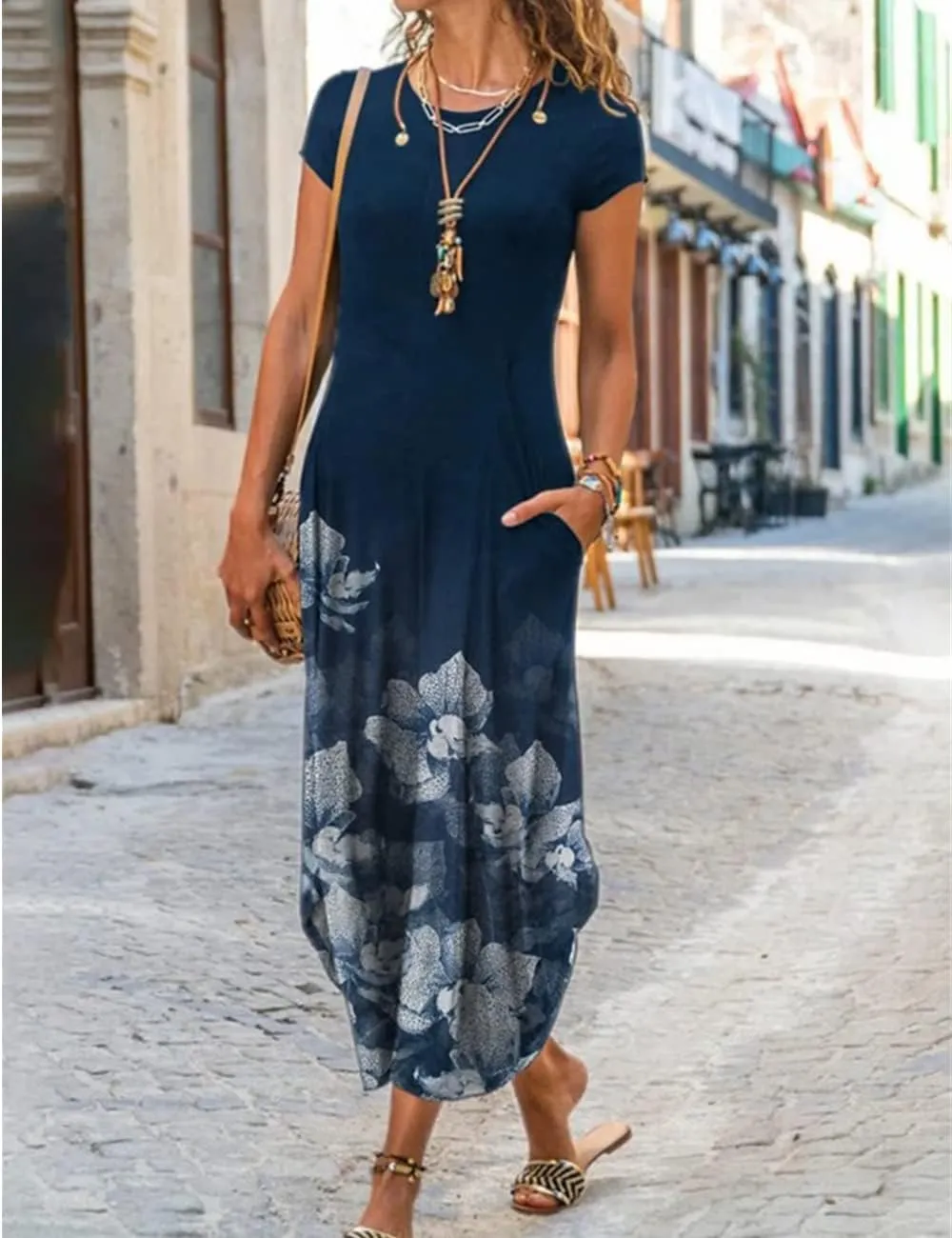 Women Summer Casual Maxi Dress Floral Printed Loose Pockets Short Sleeve Split Boho Dresses