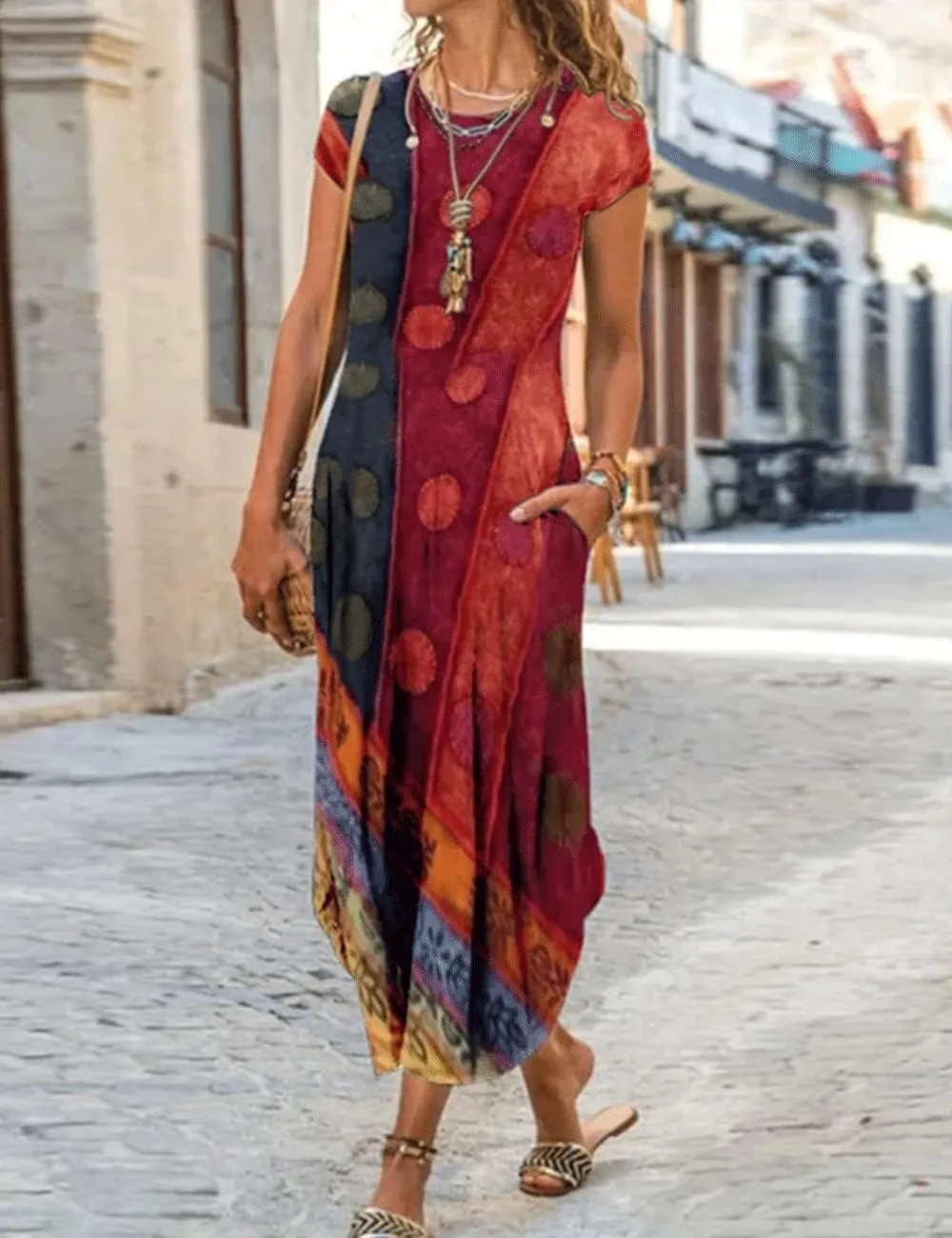 Women Summer Casual Maxi Dress Floral Printed Loose Pockets Short Sleeve Split Boho Dresses