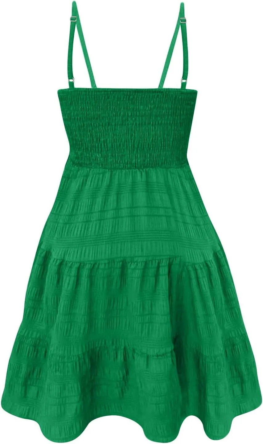 Women Summer Dresses Square Neck Spaghetti Strap Dress Casual Sleeveless Smocked Sundress A Line Tiered Beach Dress