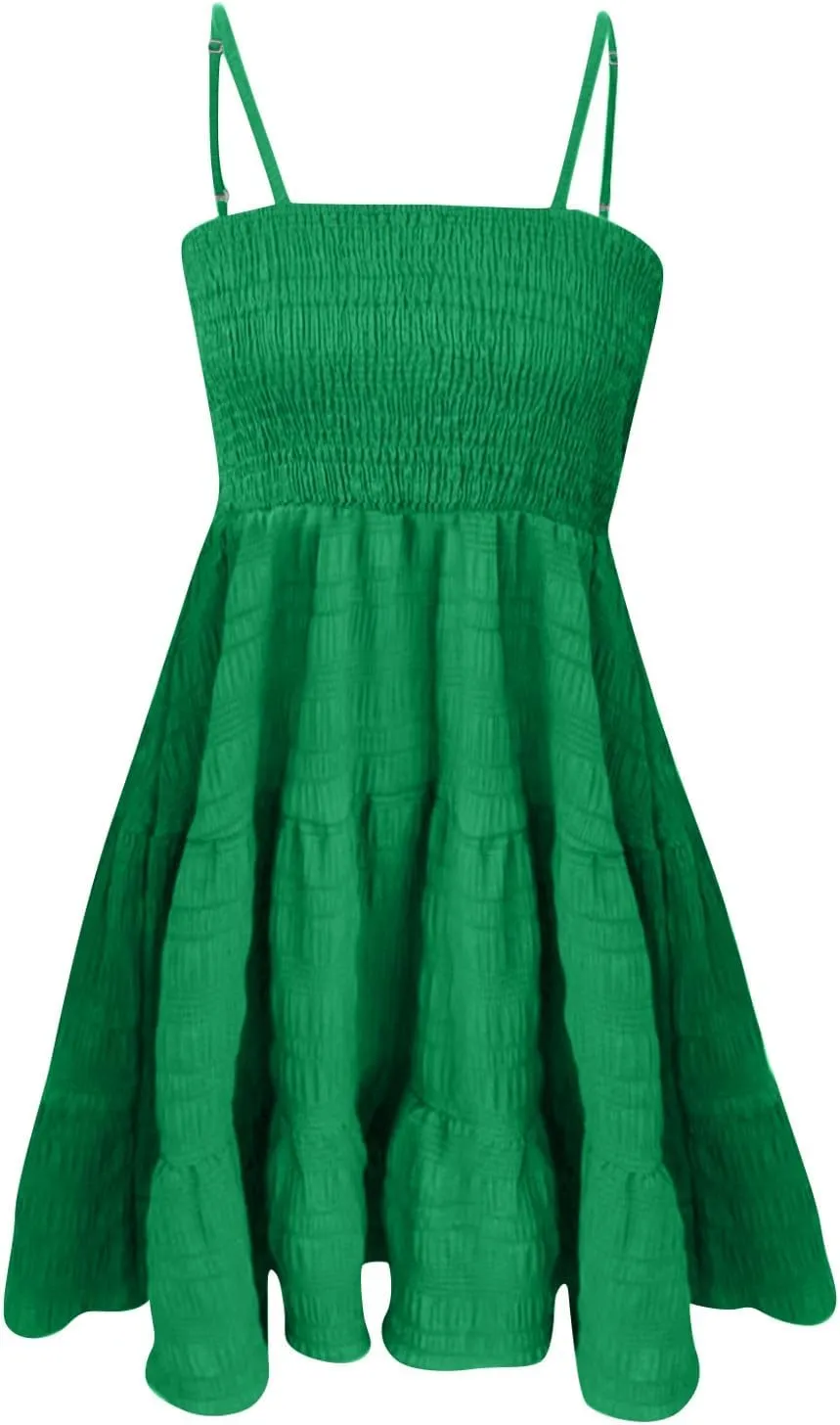 Women Summer Dresses Square Neck Spaghetti Strap Dress Casual Sleeveless Smocked Sundress A Line Tiered Beach Dress