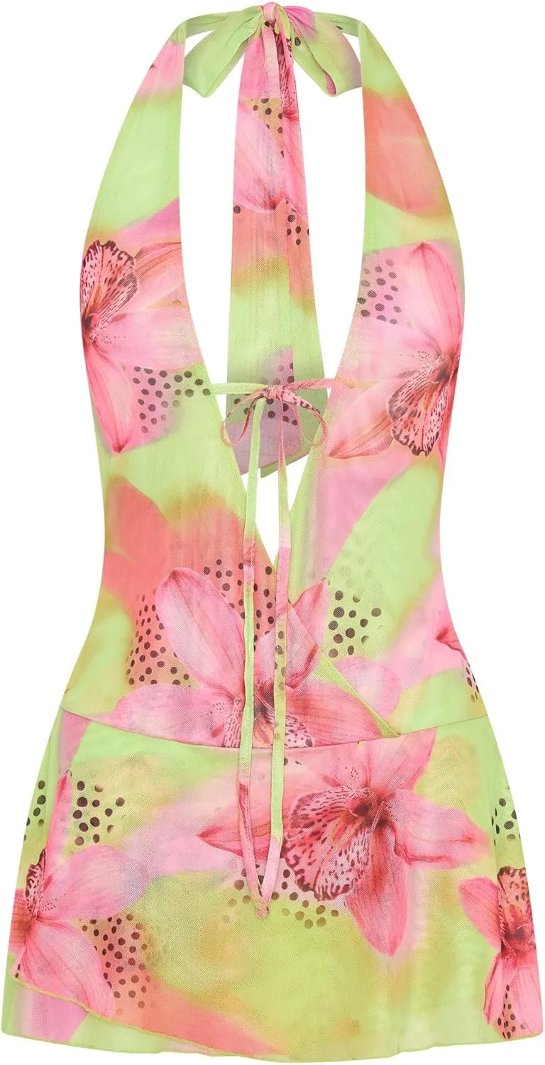 Women Summer Halter Neck Mini Dress Sexy V Neck Floral Mesh Bodycon Dress Open Back Party Club Short Dresses