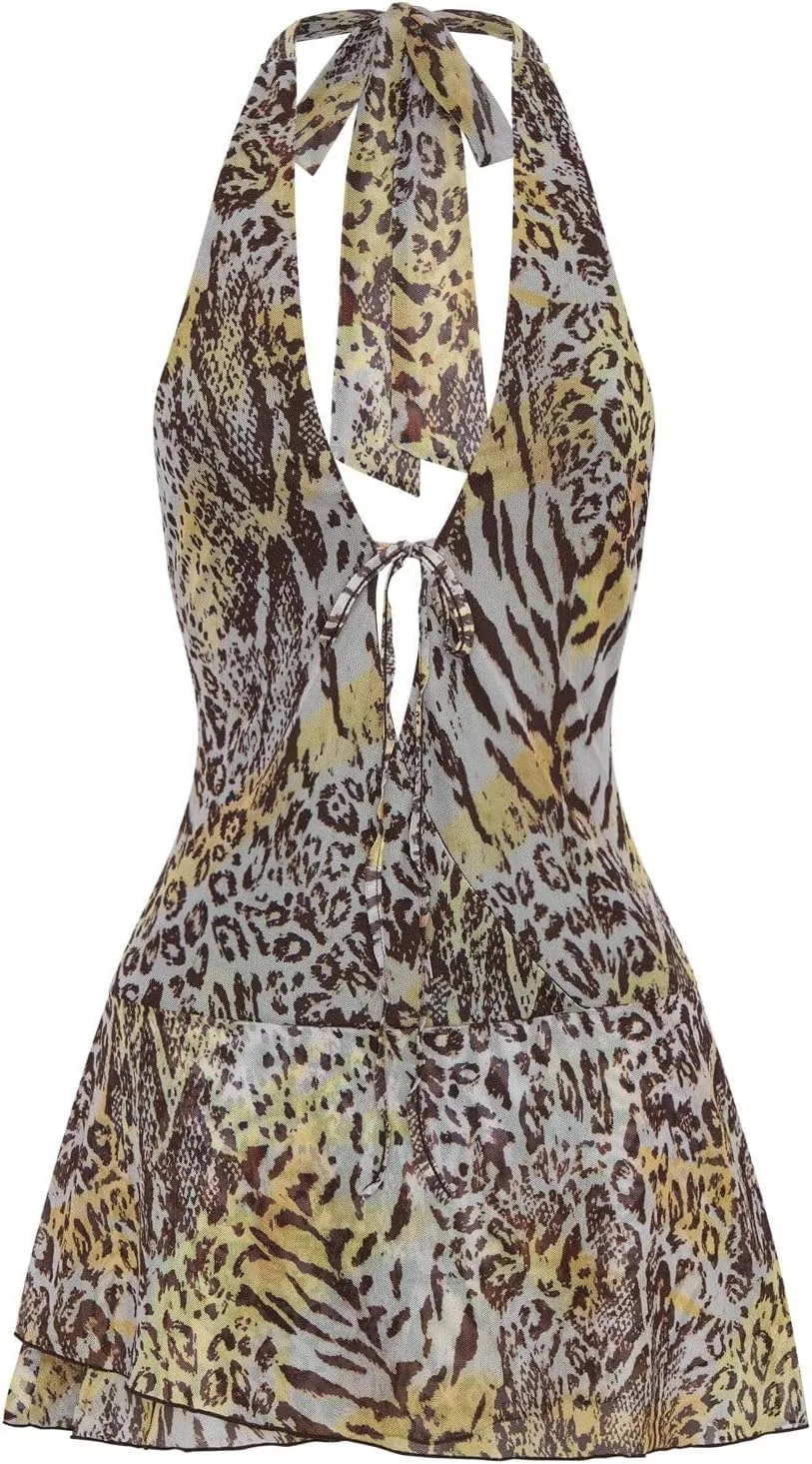 Women Summer Halter Neck Mini Dress Sexy V Neck Floral Mesh Bodycon Dress Open Back Party Club Short Dresses