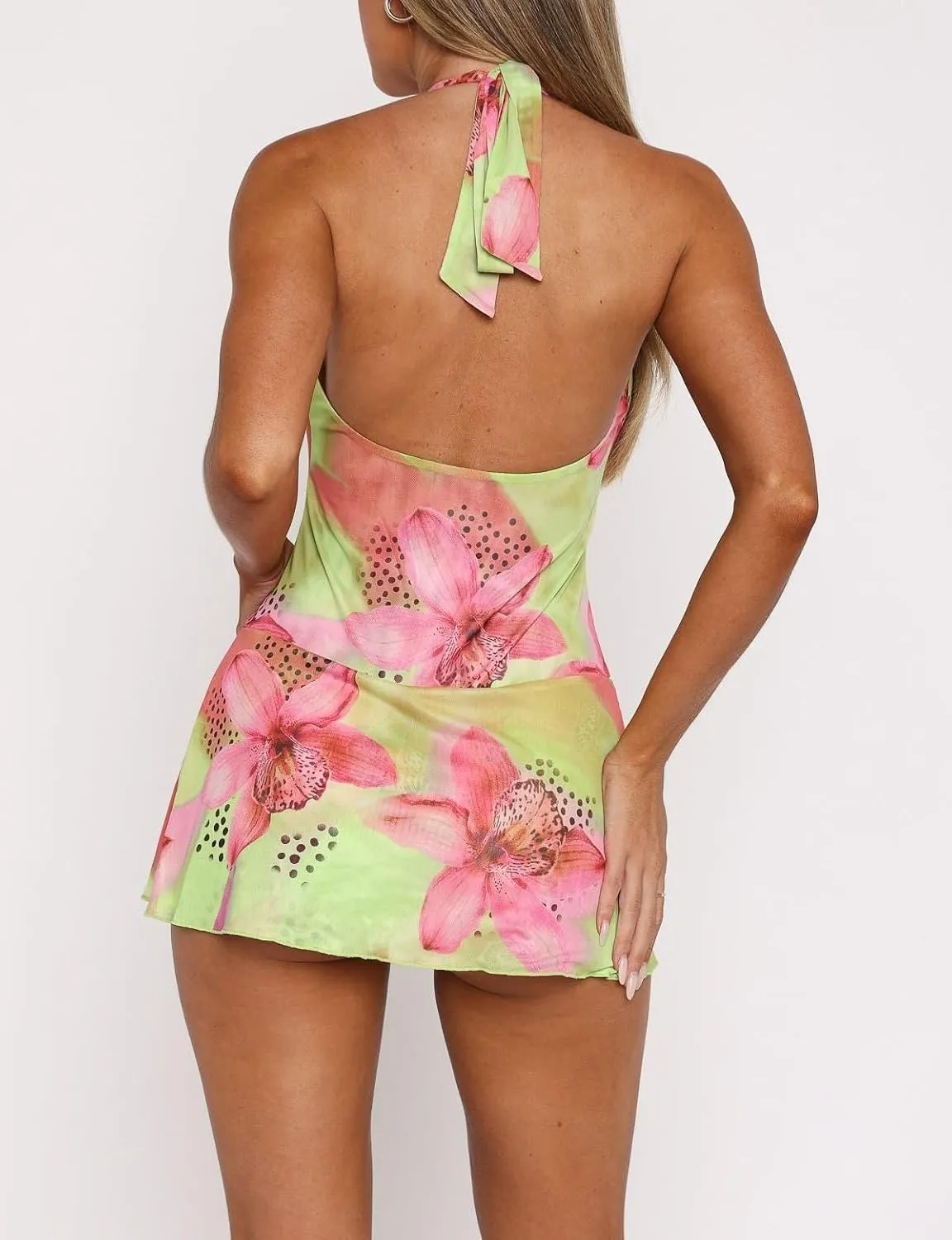 Women Summer Halter Neck Mini Dress Sexy V Neck Floral Mesh Bodycon Dress Open Back Party Club Short Dresses