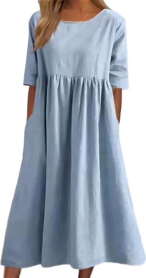 Women Summer Maxi Dress 2024 Casual Comfy Cotton Beach Dress Loose Crew Neck Half Sleeve Sundress with Pockets Light Blue