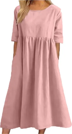 Women Summer Maxi Dress 2024 Casual Comfy Cotton Beach Dress Loose Crew Neck Half Sleeve Sundress with Pockets Pink