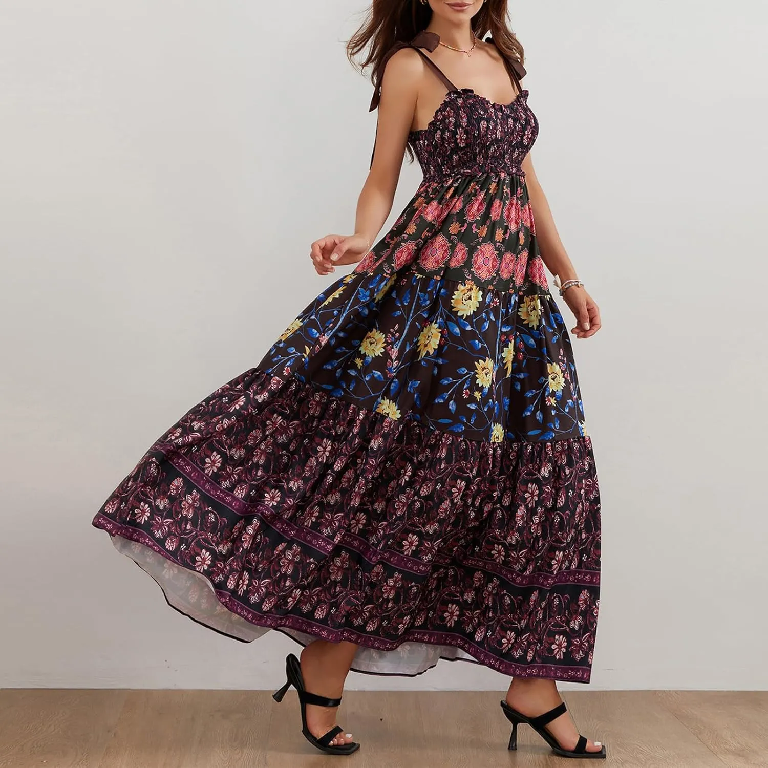 Women Summer Y2k Floral Maxi Dress Tie Shoulder Smocked Long Dress Tiered Flowy Swing A Line Beach Sundress