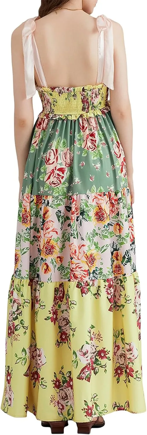 Women Summer Y2k Floral Maxi Dress Tie Shoulder Smocked Long Dress Tiered Flowy Swing A Line Beach Sundress
