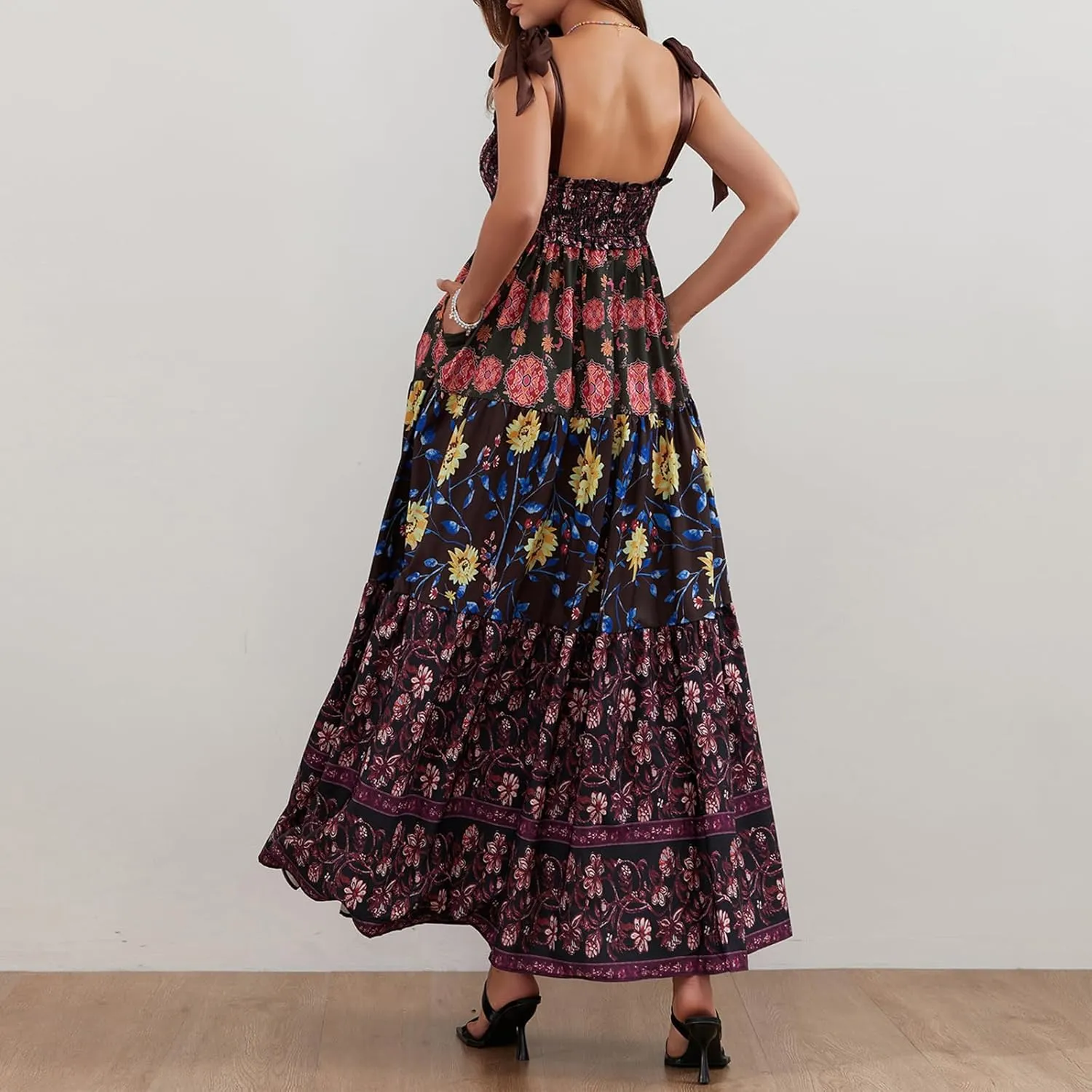 Women Summer Y2k Floral Maxi Dress Tie Shoulder Smocked Long Dress Tiered Flowy Swing A Line Beach Sundress
