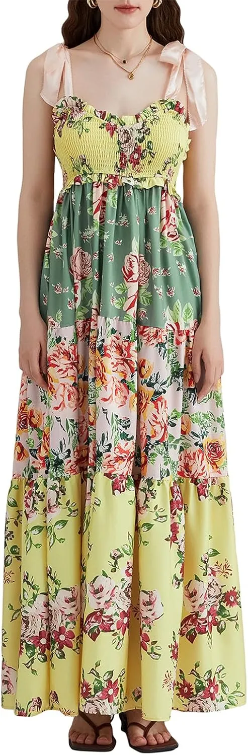 Women Summer Y2k Floral Maxi Dress Tie Shoulder Smocked Long Dress Tiered Flowy Swing A Line Beach Sundress