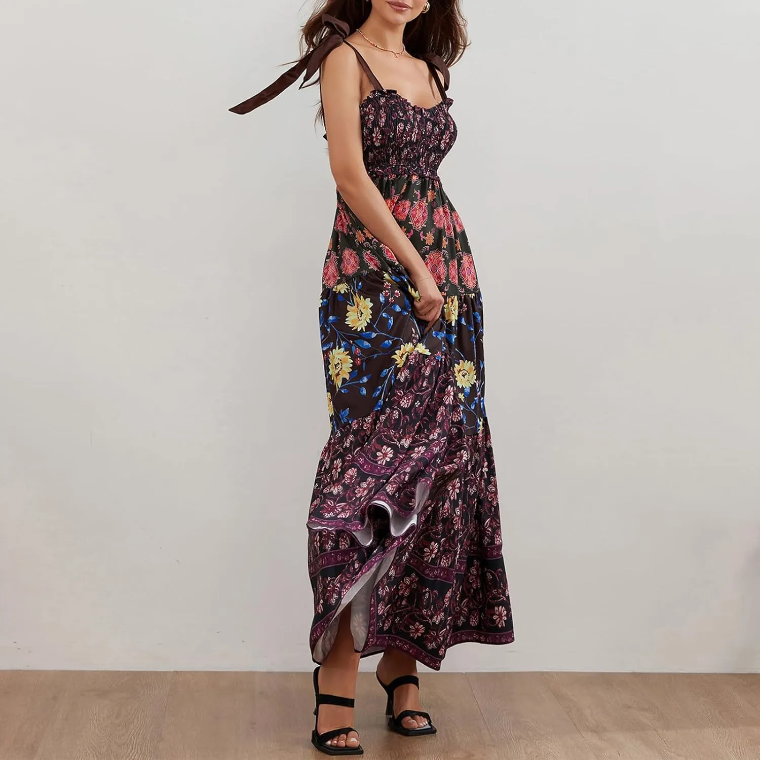 Women Summer Y2k Floral Maxi Dress Tie Shoulder Smocked Long Dress Tiered Flowy Swing A Line Beach Sundress