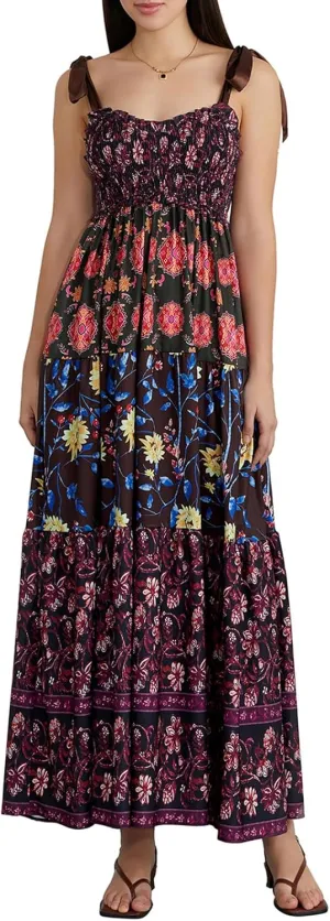 Women Summer Y2k Floral Maxi Dress Tie Shoulder Smocked Long Dress Tiered Flowy Swing A Line Beach Sundress