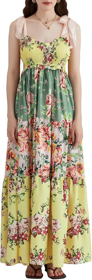 Women Summer Y2k Floral Maxi Dress Tie Shoulder Smocked Long Dress Tiered Flowy Swing A Line Beach Sundress