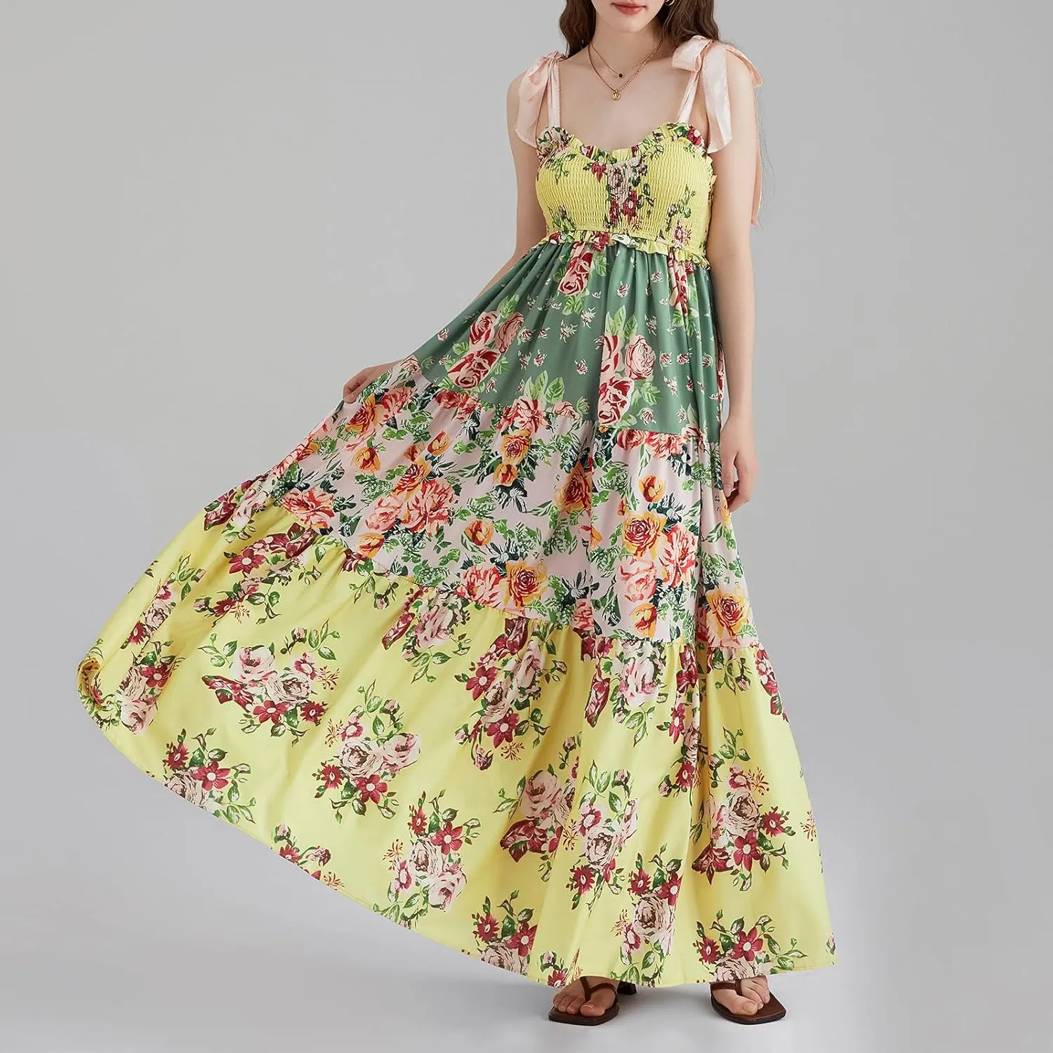 Women Summer Y2k Floral Maxi Dress Tie Shoulder Smocked Long Dress Tiered Flowy Swing A Line Beach Sundress