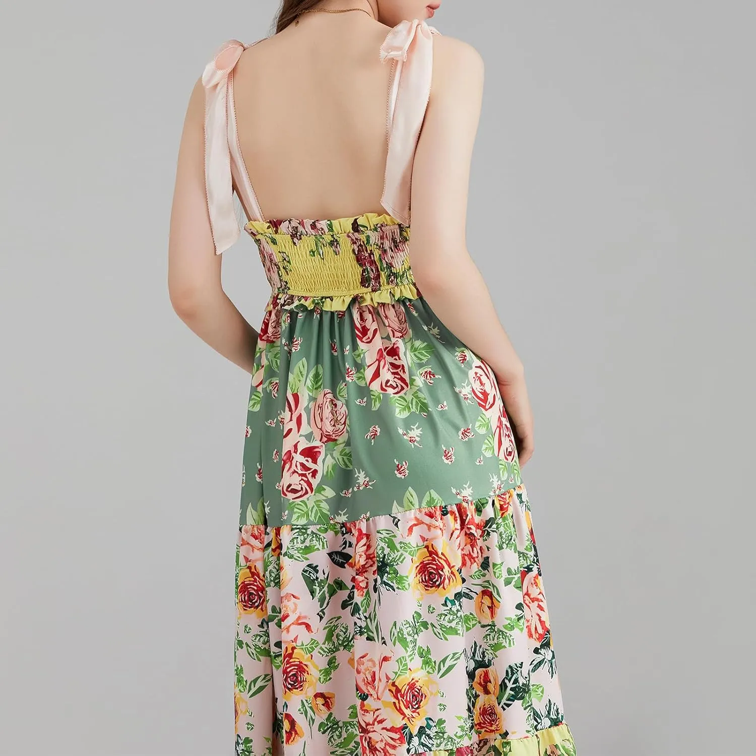 Women Summer Y2k Floral Maxi Dress Tie Shoulder Smocked Long Dress Tiered Flowy Swing A Line Beach Sundress