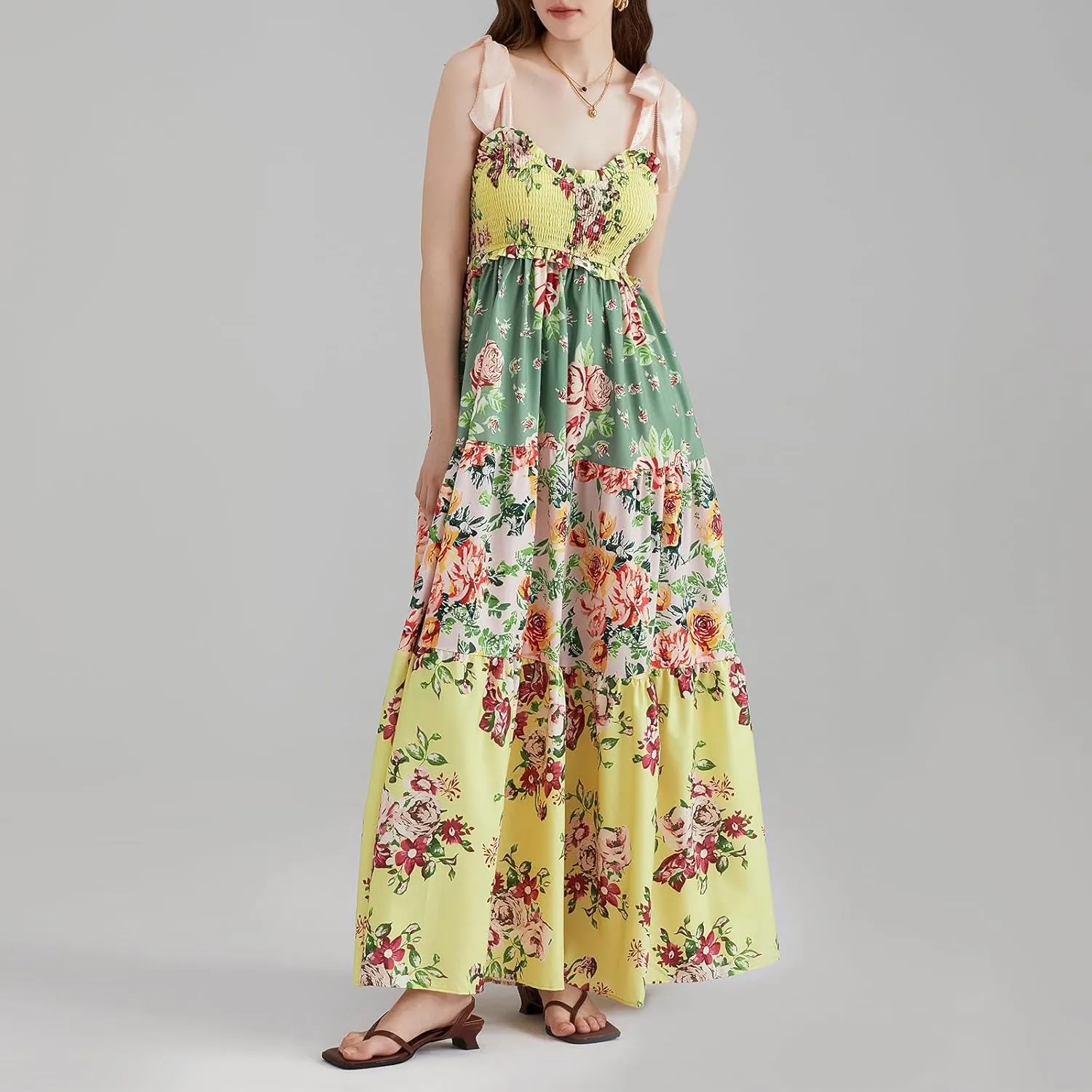 Women Summer Y2k Floral Maxi Dress Tie Shoulder Smocked Long Dress Tiered Flowy Swing A Line Beach Sundress