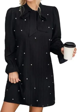 Women Tie Bow Puff Sleeve Loose Elegant Dress Solid Color Fashion Pearl Decor Midi Dresses Plus Size Party Shift Dress