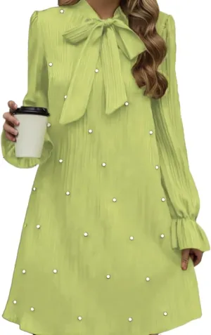 Women Tie Bow Puff Sleeve Loose Elegant Dress Solid Color Fashion Pearl Decor Midi Dresses Plus Size Party Shift Dress