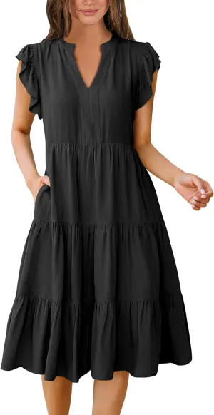 Women's 2025 Casual Flutter Short Sleeve V Neck Dress Summer Beach Ruffle Tiered Swing A-line Midi Sundress