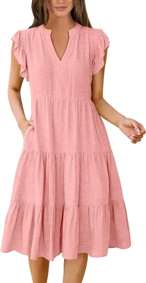 Women's 2025 Casual Flutter Short Sleeve V Neck Dress Summer Beach Ruffle Tiered Swing A-line Midi Sundress
