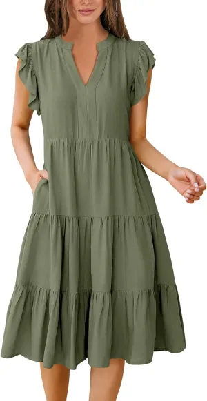 Women's 2025 Casual Flutter Short Sleeve V Neck Dress Summer Beach Ruffle Tiered Swing A-line Midi Sundress