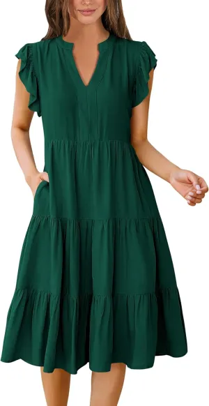 Women's 2025 Casual Flutter Short Sleeve V Neck Dress Summer Beach Ruffle Tiered Swing A-line Midi Sundress