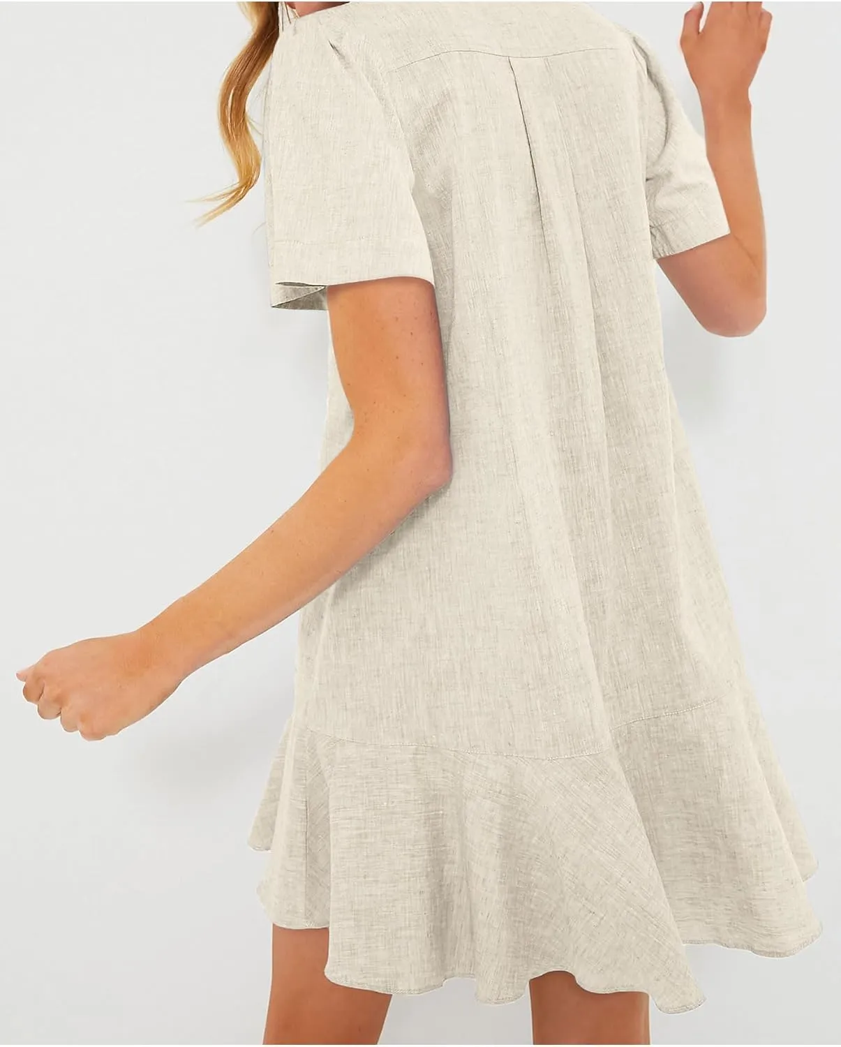 Women's Button Down Shirt Dress Summer Casual Short Sleeve Cotton Linen Ruffle Shift Mini Dresses