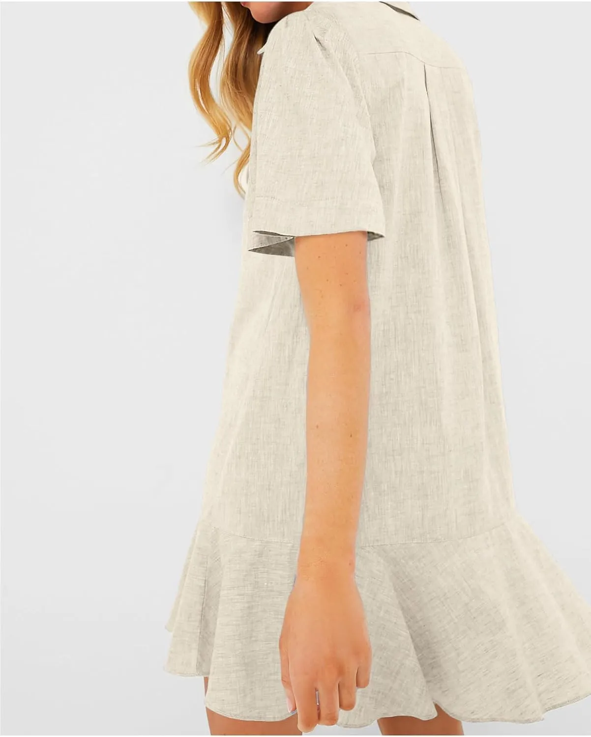 Women's Button Down Shirt Dress Summer Casual Short Sleeve Cotton Linen Ruffle Shift Mini Dresses