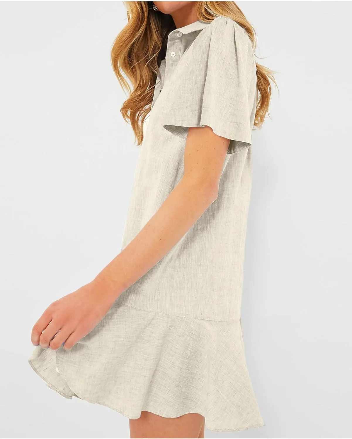 Women's Button Down Shirt Dress Summer Casual Short Sleeve Cotton Linen Ruffle Shift Mini Dresses