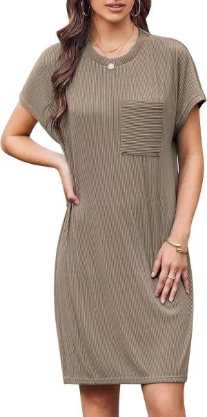 Womens Casual Crewneck Short Sleeve Ribbed Mini Tshirt Dress Fashion Slim Spring and Summer Dresses