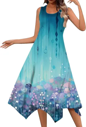 Womens Casual Dress 2025 Summer Tank Dresses Loose Flowy Beach Dress with Pockets Hankerchief Flare Midi Sundress