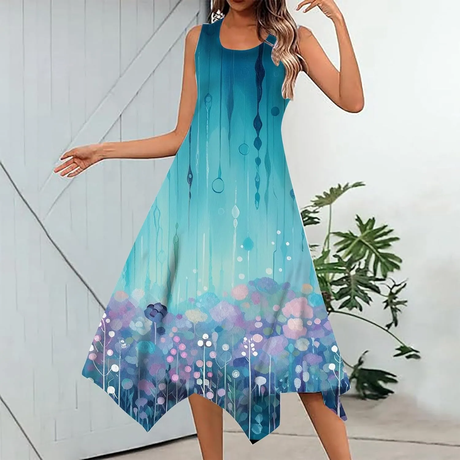 Womens Casual Dress 2025 Summer Tank Dresses Loose Flowy Beach Dress with Pockets Hankerchief Flare Midi Sundress