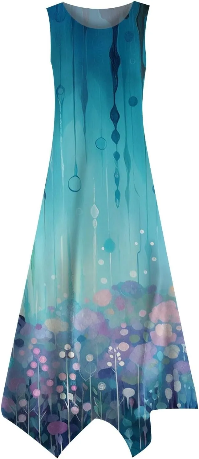 Womens Casual Dress 2025 Summer Tank Dresses Loose Flowy Beach Dress with Pockets Hankerchief Flare Midi Sundress