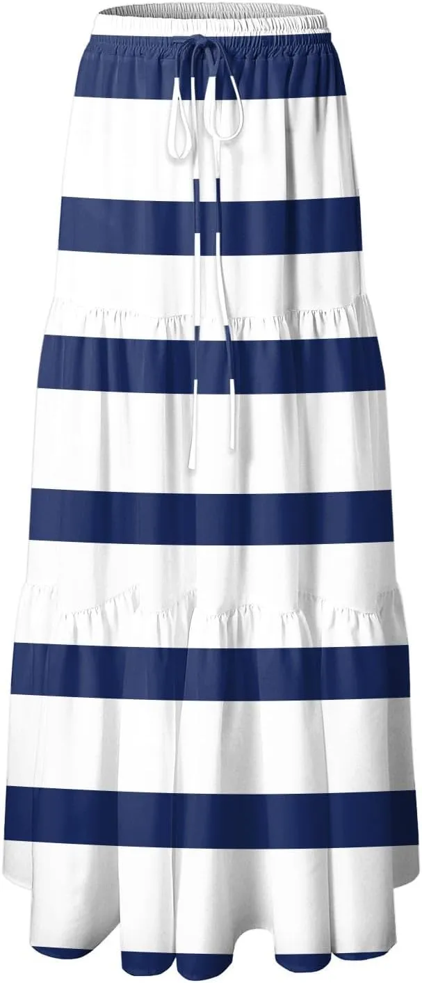 Women's Color Block Flowy Maxi Skirt Summer Striped Pleated High Waisted Casual A-line Beach Vacation Long Skirts