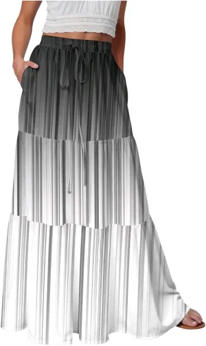 Women's Color Block Flowy Maxi Skirt Summer Striped Pleated High Waisted Casual A-line Beach Vacation Long Skirts