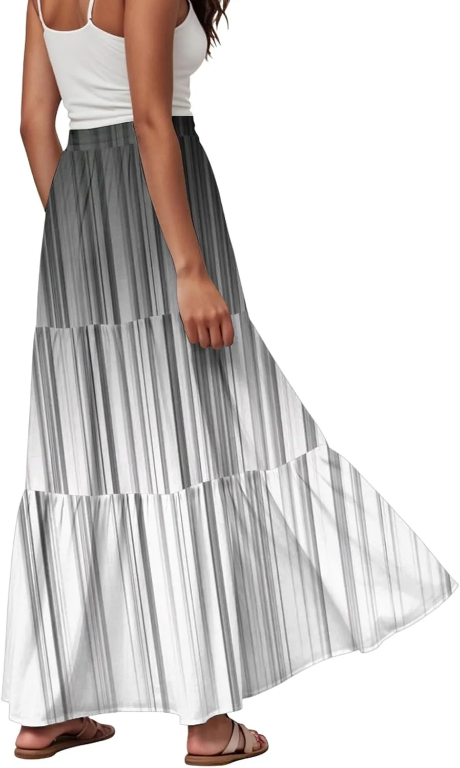 Women's Color Block Flowy Maxi Skirt Summer Striped Pleated High Waisted Casual A-line Beach Vacation Long Skirts