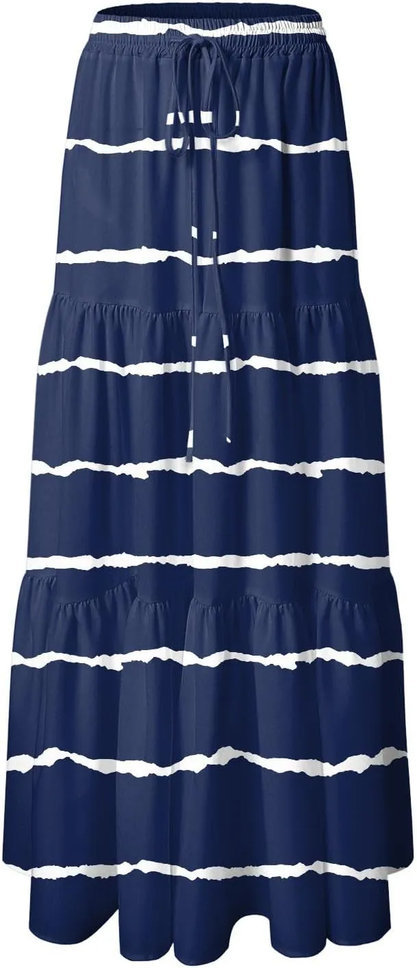 Women's Color Block Flowy Maxi Skirt Summer Striped Pleated High Waisted Casual A-line Beach Vacation Long Skirts