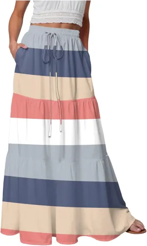 Women's Color Block Flowy Maxi Skirt Summer Striped Pleated High Waisted Casual A-line Beach Vacation Long Skirts