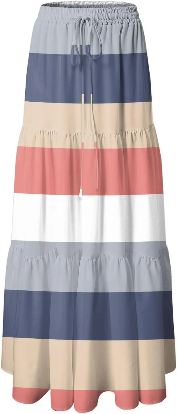 Women's Color Block Flowy Maxi Skirt Summer Striped Pleated High Waisted Casual A-line Beach Vacation Long Skirts