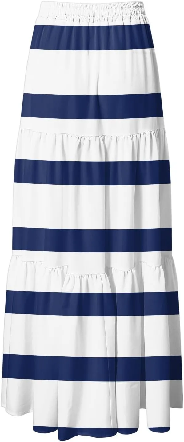 Women's Color Block Flowy Maxi Skirt Summer Striped Pleated High Waisted Casual A-line Beach Vacation Long Skirts