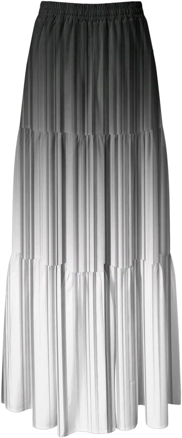 Women's Color Block Flowy Maxi Skirt Summer Striped Pleated High Waisted Casual A-line Beach Vacation Long Skirts