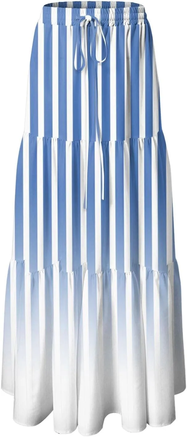 Women's Color Block Flowy Maxi Skirt Summer Striped Pleated High Waisted Casual A-line Beach Vacation Long Skirts