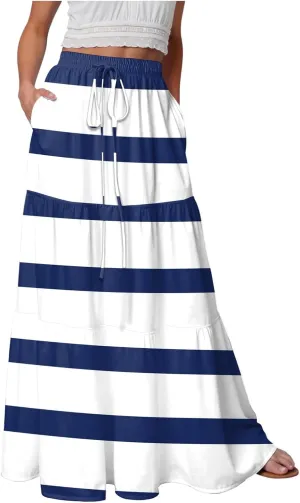 Women's Color Block Flowy Maxi Skirt Summer Striped Pleated High Waisted Casual A-line Beach Vacation Long Skirts