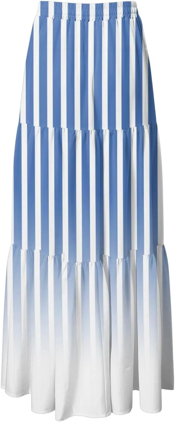 Women's Color Block Flowy Maxi Skirt Summer Striped Pleated High Waisted Casual A-line Beach Vacation Long Skirts