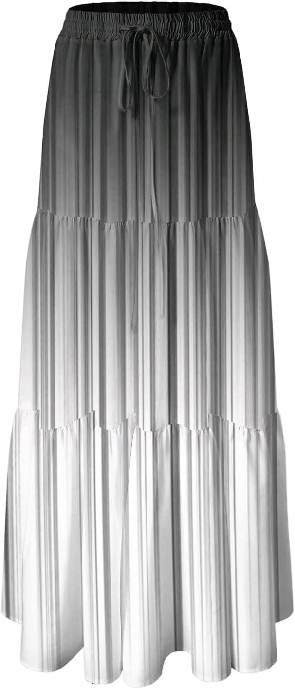 Women's Color Block Flowy Maxi Skirt Summer Striped Pleated High Waisted Casual A-line Beach Vacation Long Skirts