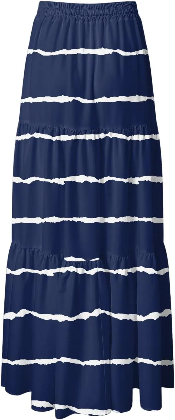 Women's Color Block Flowy Maxi Skirt Summer Striped Pleated High Waisted Casual A-line Beach Vacation Long Skirts